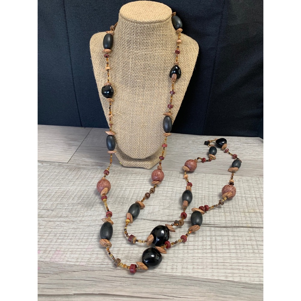 Boho Long Wood Resin Bead Strand Necklace Earthy Brown Black 60 Inch Layering